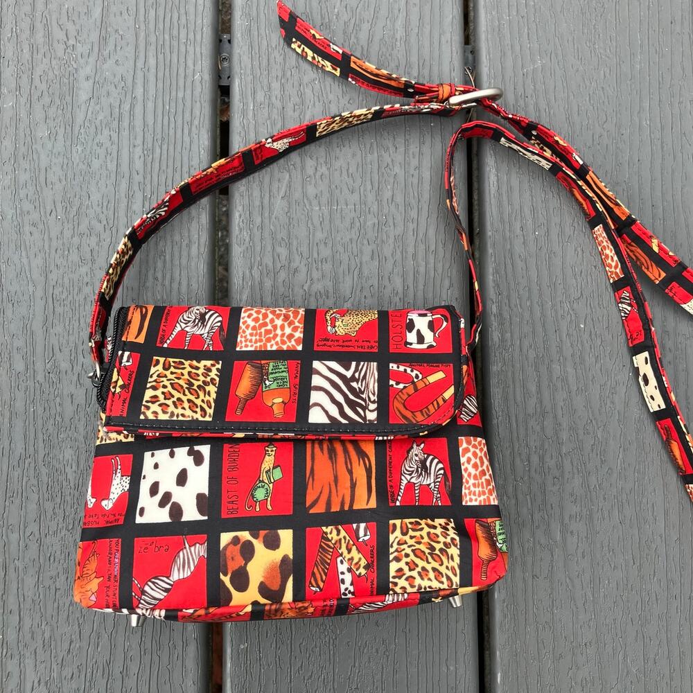 Red silk crossbody purse with animal prints, boho chic vintage 90s Nicole Miller